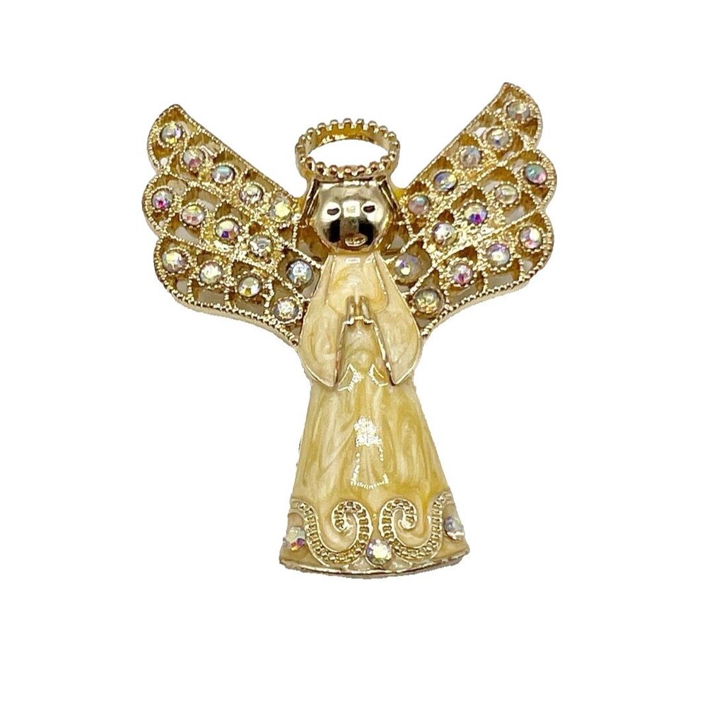 Monet Gold Tone Enameled Angel Brooch Pin  Rhinestones Wings Holiday 2.25"